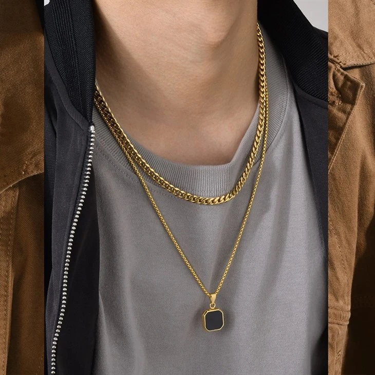 mens gold chain with square pendant
