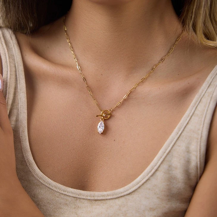 Teardrop CZ OT Toggle Paperclip Chain Necklace suppliers